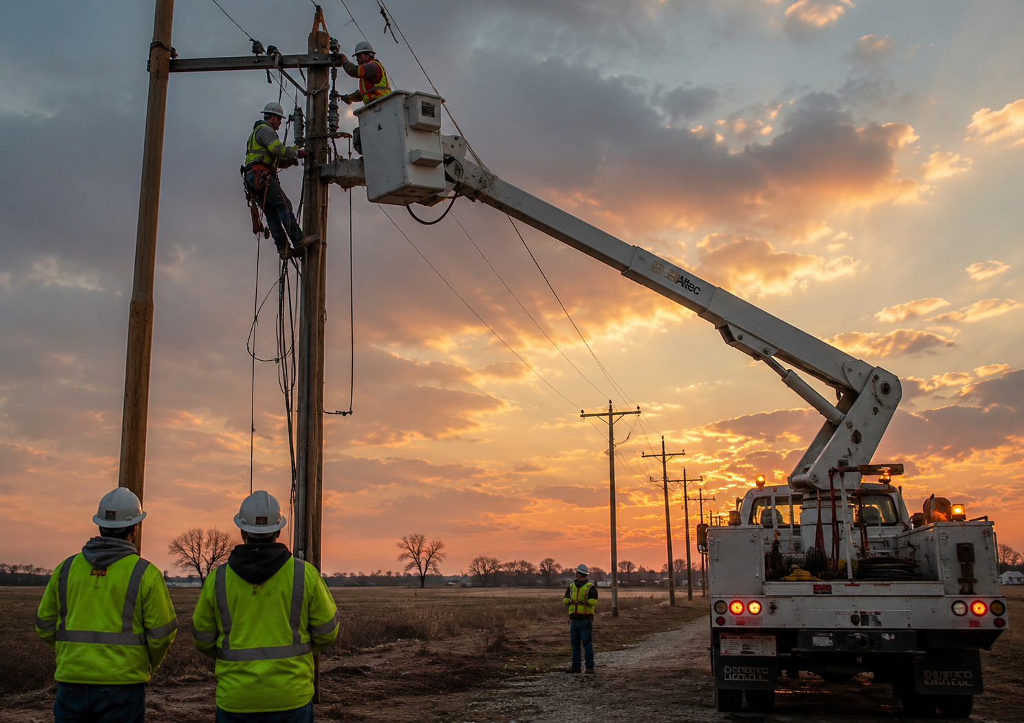 Utility crew performing overhead power line installation