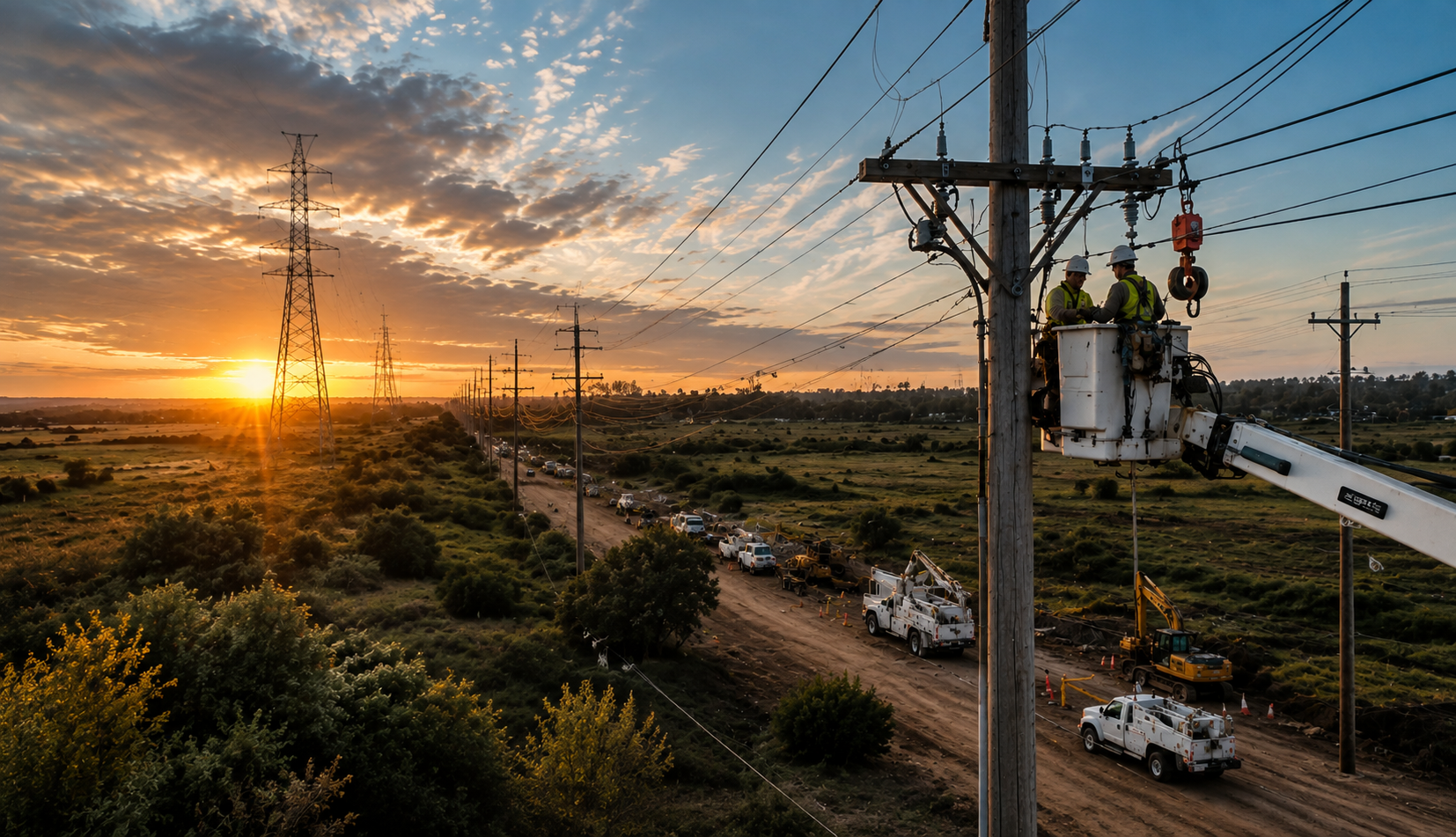 Utility crew performing overhead power line work