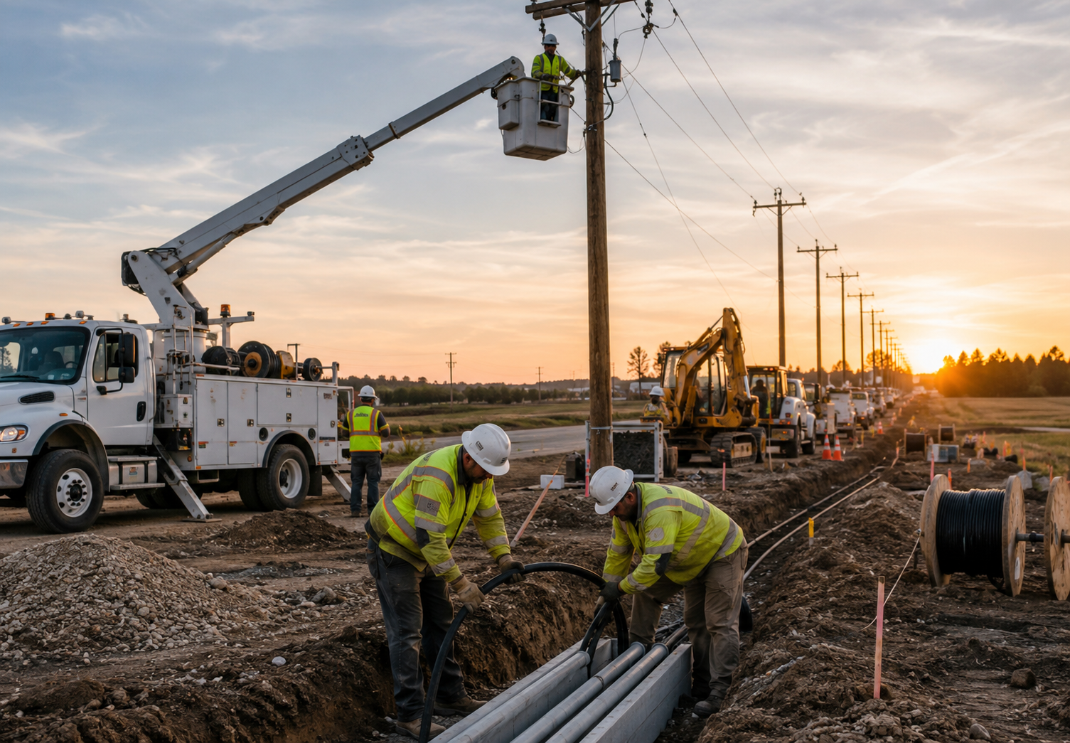 Underground utility conduit installation by construction crew