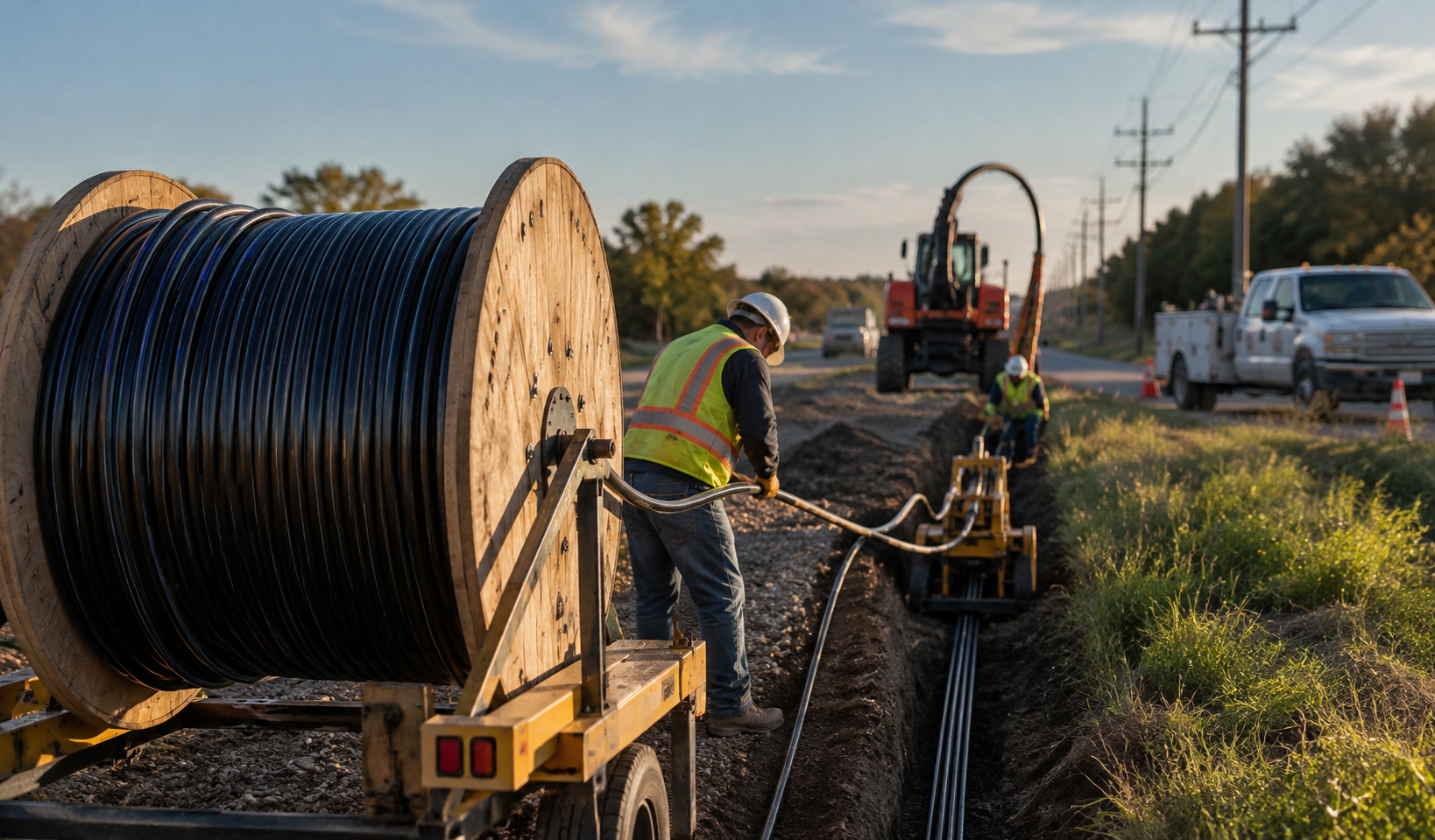Underground fiber optic cable installation along utility corridor